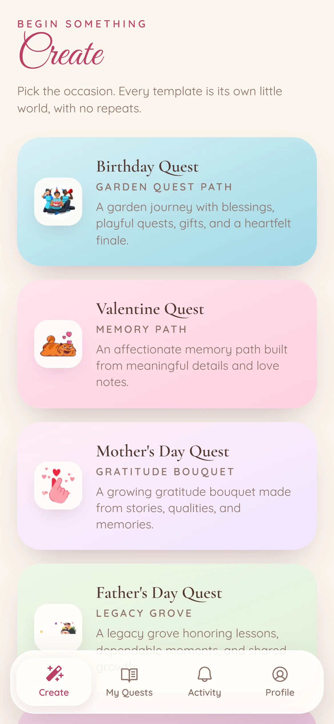 The Create screen listing every quest template with its own color and icon